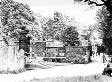 Main gates at Derwent Hall, pre-1939. Demolished 1940's for construction of Ladybower Reservoir 	