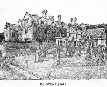 East front of Derwent Hall. Ornamental garden includes clipped Irish yews. Private St. Henry's Roman Catholic Chapel, built in the 19th century, far right. Demolished 1940's for construction of Ladybower Reservoir