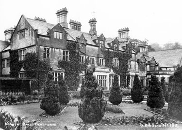 East front of Derwent Hall. Ornamental garden includes clipped Irish yews. Demolished 1940's for construction of Ladybower Reservoir