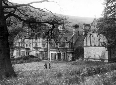 East front of Derwent Hall. Private St. Henry's Roman Catholic Chapel, right. Demolished 1940's for construction of Ladybower Reservoir