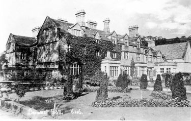 East front of Derwent Hall. Ornamental garden includes clipped Irish yews. Private St. Henry's Roman Catholic Chapel, right. Demolished 1940's for construction of Ladybower Reservoir