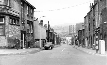 Wood Street from Langsett Road looking towards Penistone Road and Neepsend Lane showing the Wellington Inn (left)