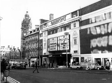 Gaumont Cinema, Barker's Pool, formerly The Regent. Designed by W.E. Trent. Opened 26th December, 1927. Became the Gaumont in 1946 and was twinned by Rank in 1969 and tripled in 1979. Closed 7th November 1985. Town Hall Chambers, on left