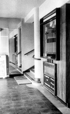 Foyer and paybox, Rex Cinema, junction of Mansfield Road and Hollybank Road, Intake, prior to demolition. Opened 24 July 1939. Designed by Hadfield and Cawkwell, seated 1350. Closed December 1982 and demolished October 1983