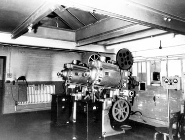 Projection room, Rex Cinema, junction of Mansfield Road and Hollybank Road, Intake, prior to demolition. Opened 24 July 1939. Designed by Hadfield and Cawkwell, seated 1350. Closed December 1982 and demolished October 1983