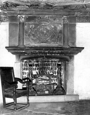 Fireplace, Queen Mary's Room, Turret Lodge, Sheffield Manor House, Manor Park. The Shrewsburys Coat of Arms are carved over the fireplace