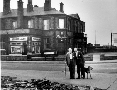Plumpers Hotel, at the junction of Sheffield Road and Bawtry Road, Tinsley before demolition for construction of M1 Motorway, gentleman with the stick is Mr. H. Parker of Greasbrough Road