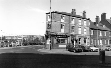 Commercial Hotel, No. 3 Sheffield Road and junction of Weedon Street with Wincobank Hill in the background