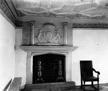 Queen Mary's room in the Turret Lodge at Sheffield Manor House, off Manor Lane, Manor Park. The Shrewsburys Coat of Arms are carved over the fireplace