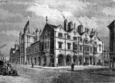 Engraving of the newly built Corn Exchange (built 1880-81). Broad Street, right