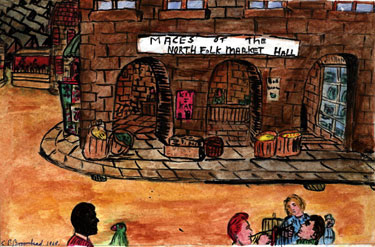 Painting depicting Mace's Pet Shop, part of the old Norfolk Market Hall