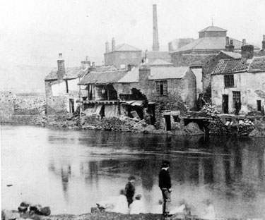 Sheffield Flood, River Don, looking towards rear of damaged properties on Neepsend Lane, chimney belongs to Shepherd, Green and Hadfield, Neepsend Brewery