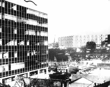 View of Park Hill Flats taken from the College of Commerce and Technology. Pond Street Bus Station in foreground