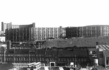 View across Sheaf Valley towards Park Hill Flats. Works belonging to Joseph Rodgers and Sons Ltd., cutlery manufacturers, Sheaf Island Works and Pond Street bus station in foreground