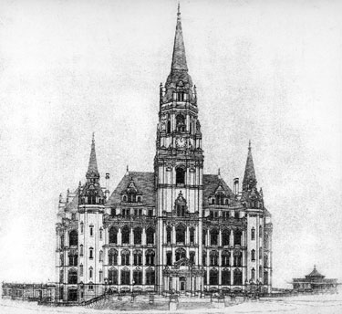Unsuccessful design for Sheffield Town Hall submitted by Messrs. Flockton and Gibbs