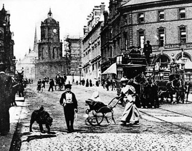 Moorhead looking towards Pinstone Street and St. Paul's Church. Nelson Hotel on right