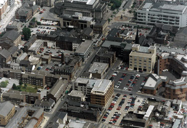 Aerial view of Barker's Pool (including Cole Brothers and City Hall), top right, Division Street, centre and Central Fire Station, Rockingham Street, far right