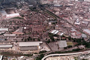 Aerial view of St. Mary's area. Queen's Road and Duchess Road in foreground. Main roads in centre include Charlotte Road and St. Mary's Road. Bramall Lane Football Ground, top left