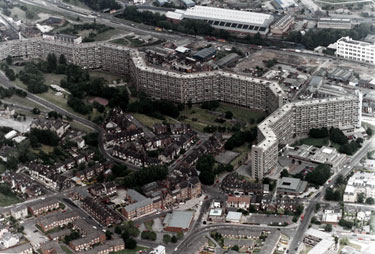 Aerial view of Kelvin Flats area. Roads in foreground include Albert Terrace, Upperthorpe Road and Daniel Hill (including Upperthorpe Baths). Infirmary Road in background