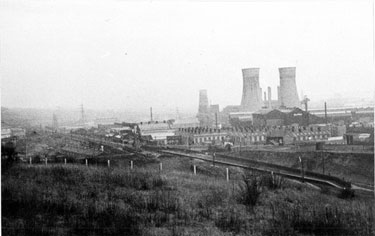 View from Wincobank Hill of Blackburn Meadows Power Station, the platforms of the derelict Wincobank and Meadowall Station and houses on Cromer Street (left) and Cromer Lane