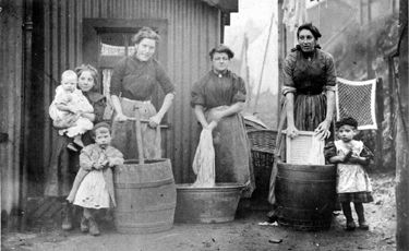 Washday at Birchinlee Village left to right Mrs. Martha Agnes Hicks; Mrs. Greening and Mrs. George Davies