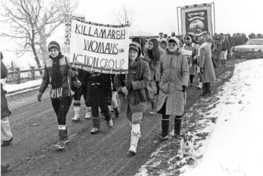 Striking miners wives leaving High Moor Colliery, Killamarsh on a march during the Miners Strike 1984/85