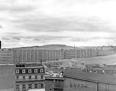 Elevated view of Park Hill Flats with the Odeon Cinema; General Post Office, Flat Street and Joseph Rodgers and Sons Ltd., Sheaf Island Works in the foreground