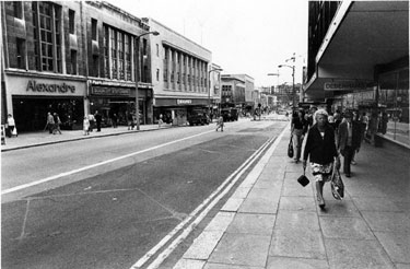 Alexandre Ltd., tailors; No. 5 Quadrant Stationers; Woolworth's and Debenhams department store (right), The Moor
