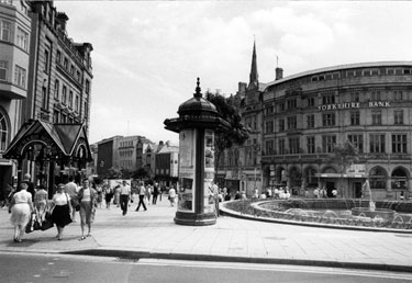 The Goodwin Fountain, entrance to Orchard Square and Yorkshire Bank, Fargate 
