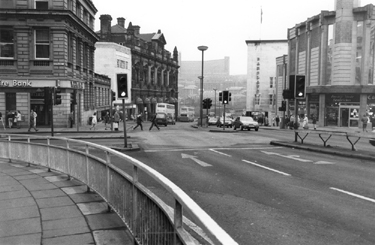 Junction of High Street; Haymarket (left); Fitzalan Square (right) and Commercial Street looking towards Yorkshire Bank; former Gas Company Offices (left); Barclays Bank and  Hyde Park Flats in the background