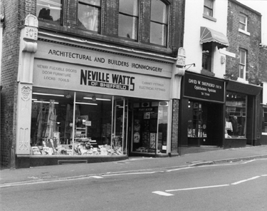 Nos. 8/10, Neville Watts of Sheffield, architectural and builders ironmongery;  6, David W. Shepherd, opthalmic optician and 4, Artisan, yarns, Fitzwilliam  Street 