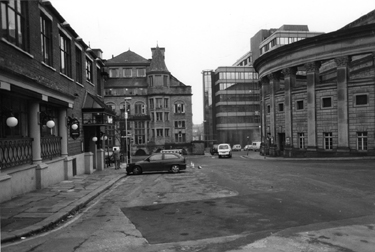 Holly Street showing (left to right) rear of unidentified public house; former Central Schools, Pupil Teachers' Centre; Fountain Precinct and City Hall  