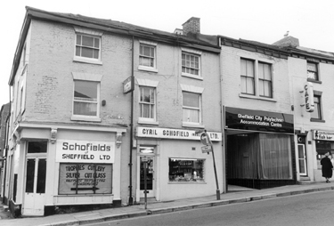 No. 36 Schofields of Sheffield, Arundel Street; Nos. 50, Cyril Schofield (wholesale) Ltd., 48, Sheffield City Polytechnic accommodation Centre; 46, Harlequin Fish Bar , Howard Street 