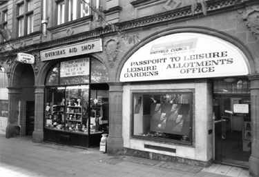 Sheffield Council Passport to Leisure Office; No. 4, Overseas Aid Shop and entrance to St. Pauls Chambers, St. Pauls Parade 