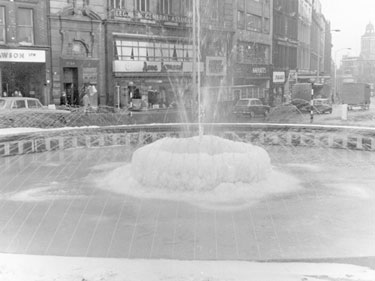 Goodwin Fountain, Fargate looking towards Nos. 64, Bank Chambers; 64-62, and Anne Lennard Ltd., costumiers and 58, Burnley Building Society