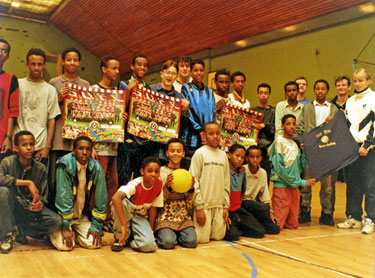 Roger Nilsen (extreme right) of Sheffield United with a group of Somali Youths taking part in a week long coaching scheme organised by the Youth Service Community Recreation and Sheffield United Football Club at Y.M.C.A. Sports Hall