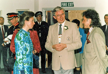 Princess Anne at Albion House, Savile Street with David Essex (Patron of the World Student Games Cultural Festival) and Ray Gridley (Director of the World Student Games Secretariat) for royal visit at the opening of the World Student Games