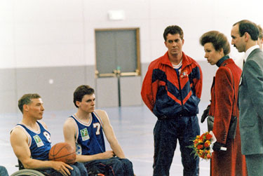 Princess Anne meets wheelchair basketball players in the Sports Hall during the opening ceremony of Ponds Forge Sports Centre in the run-up to the World Student Games