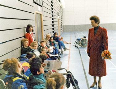 Princess Anne with children watching wheelchair basket in the Sports Hall as part of the official opening of Ponds Forge Sports Centre in the run up to the World Student Games