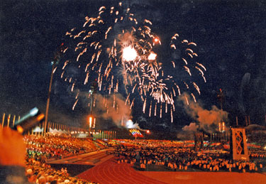Firework display at the World Student Games opening ceremony at Don Valley Stadium