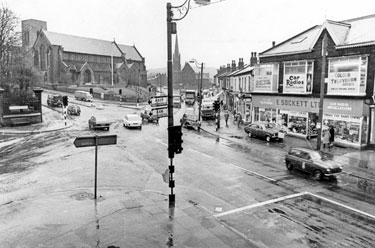 E. Sockett Ltd., Barnsley Road at the junction with Herries Road (left) and Firth Park Road (right) looking towards St. Cuthberts Church, Fir Vale