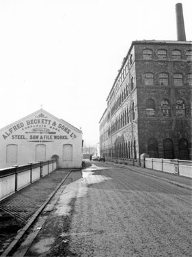 Ball Street Bridge, Ball Street looking towards Green Lane with Alfred Beckett and Sons Ltd., Brooklyn Works steel, saw and file works (left) and former James Dixon and Sons, Cornish Place Works