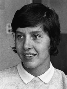 Portrait of Sheila Hilary Sherwood nee Parkin, born 1945, athlete, long jump Olympic silver medalist Mexico 1968, wife of John Sherwood 400m hurdles bronze medalist, Mexico 1968  