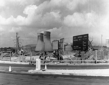 Construction of Tinsley Viaduct, M1 Motorway with the Cooling Towers of Blackburn Meadows Power Station in the background