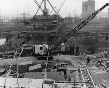 Construction of Tinsley Viaduct, M1 Motorway with Hadfields East Hecla Works left and Blackburn Meadows Power Station right