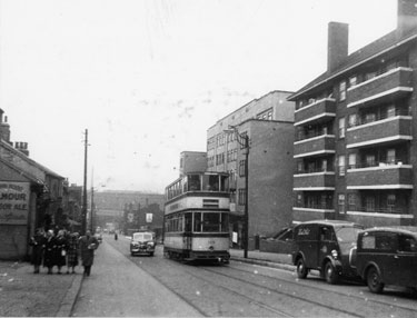 Tram No. 109 approaching Duke Street Flats with No. 86, Robin Hood public house with Embassy Court in the background