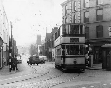 Tram No. 69 travelling to Woodseats via Queens Road turning out of Nursery Street onto Lady's Bridge