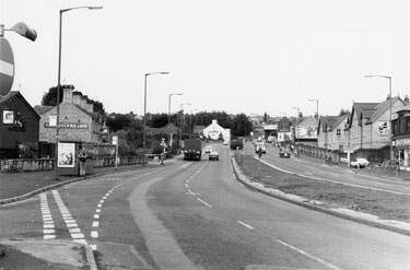 Penistone Road North looking towards No. 78, Gate Inn (extreme left); 72, Travellers Inn (left); Wadsley Bridge School (right) and Halifax Road