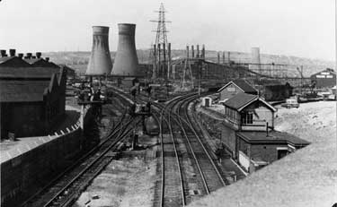 View from Tinsley Bridge of Tinsley South Junction looking towards Blackburn Meadows Power Station with Hadfield and Co. Ltd., East Hecla Works left and Tinsley Rolling Mills extreme right