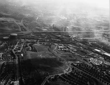 Aerial view of M1 Motorway, Tinsley Viaduct from Wincobank Hill area Summer 1976